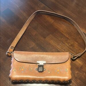 Vintage Brown Leather Floral Embroidered Bag
